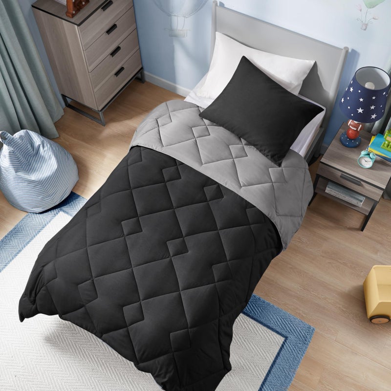 Comfort Spaces Vixie Reversible Comforter Set - Trendy Casual Geometric Quilted Cover, All Season Down Alternative Cozy Bedding, Matching Sham, Black/Gray, Twin/Twin XL 2 piece - Image 2